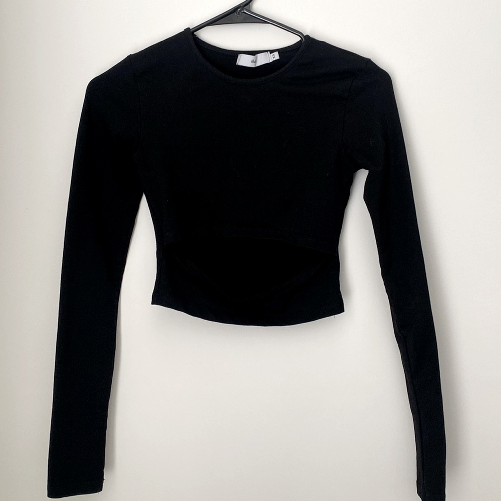 Black Long-Sleeved Crop Top with Cut Out